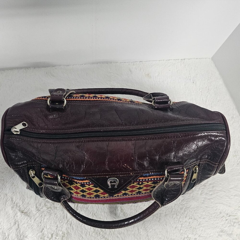 Aigner Brown Tapestry Leather Southwestern Handbag Boho Distressed Retro - Picture 6 of 11